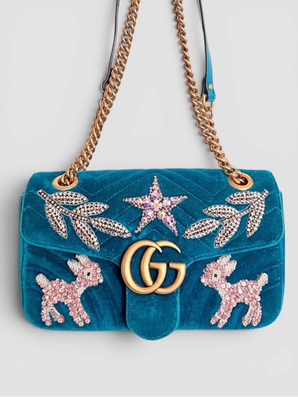 Gucci Velvet Matelasse Embroidered Small GG Marmont Shoulder Bag Pavone Cyan